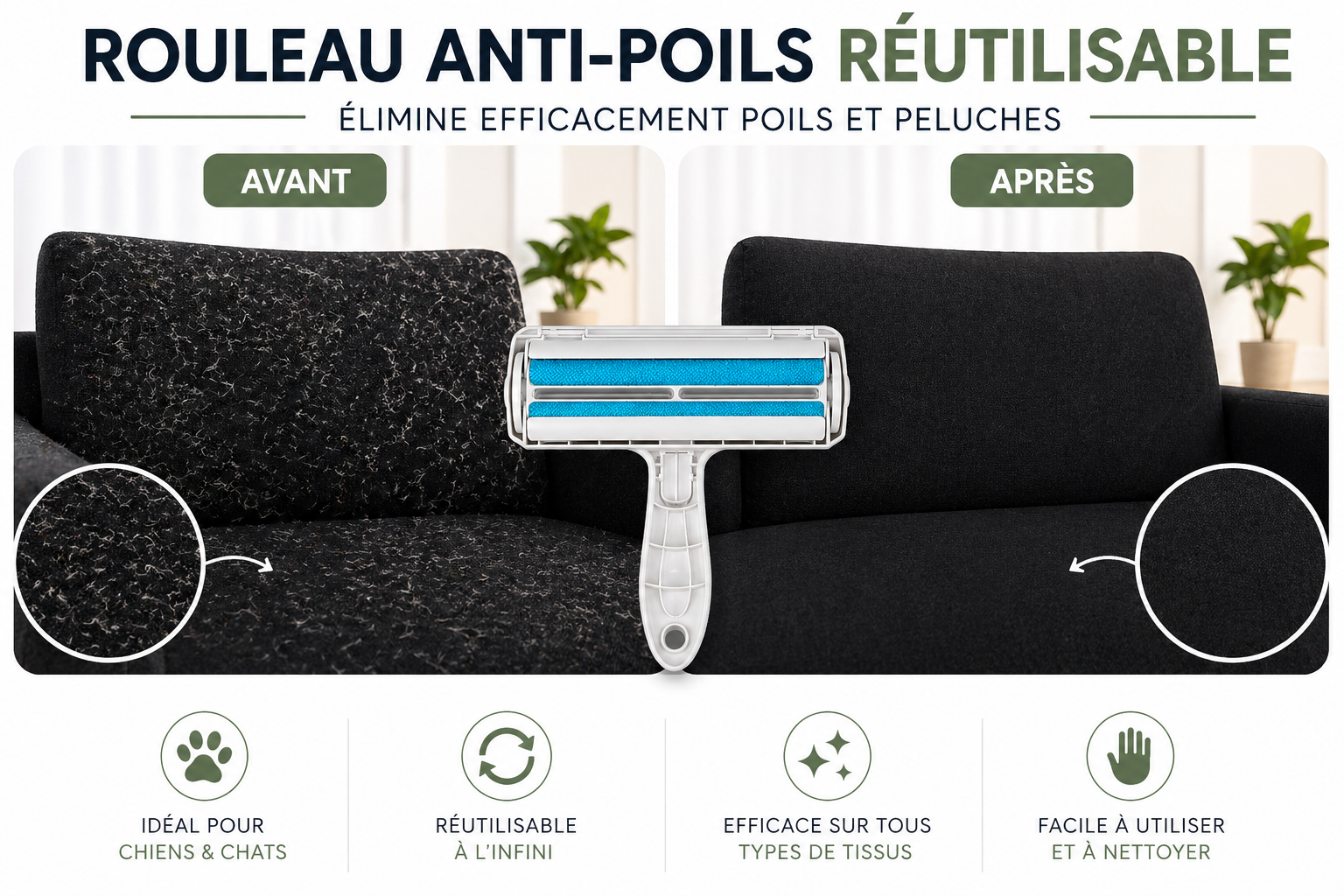 Rouleau anti-poils autonettoyant – Poiluxe