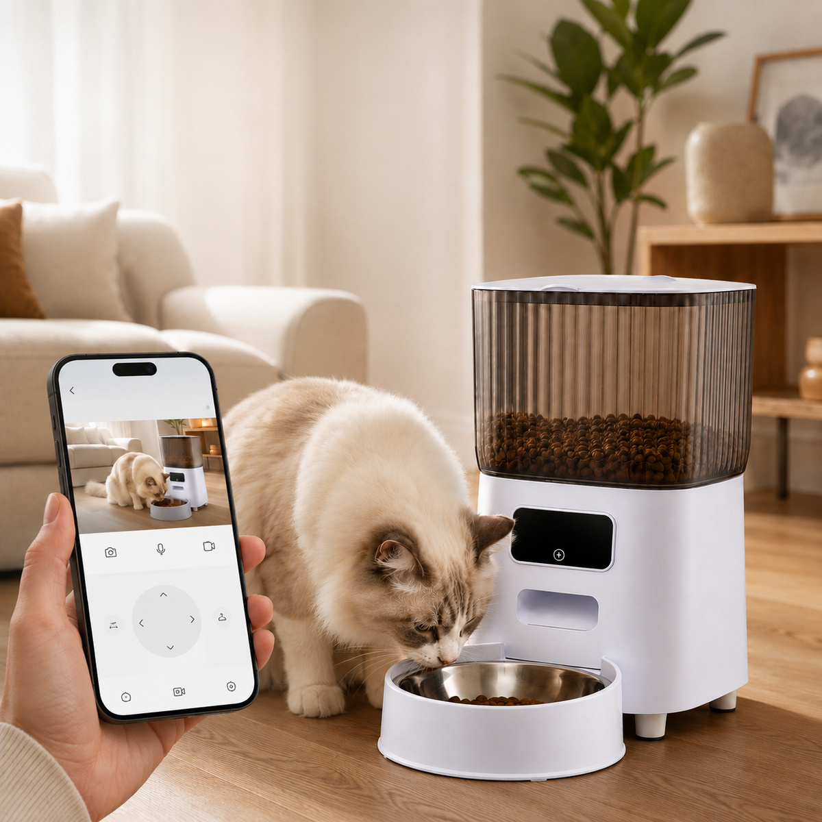 Distributeur connecté croquettes chat vue d'ensemble