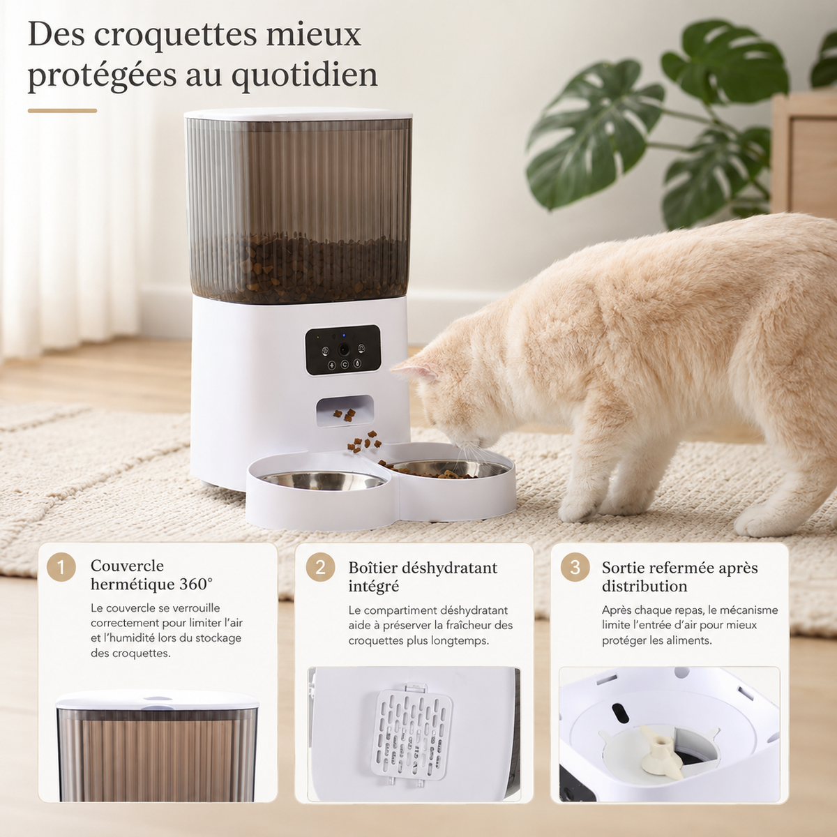 Chat qui mange devant le distributeur automatique connecté Poiluxe