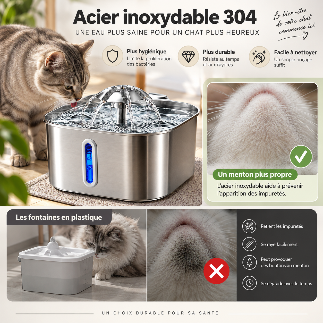 Fontaine à eau chat acier inoxydable design cascade