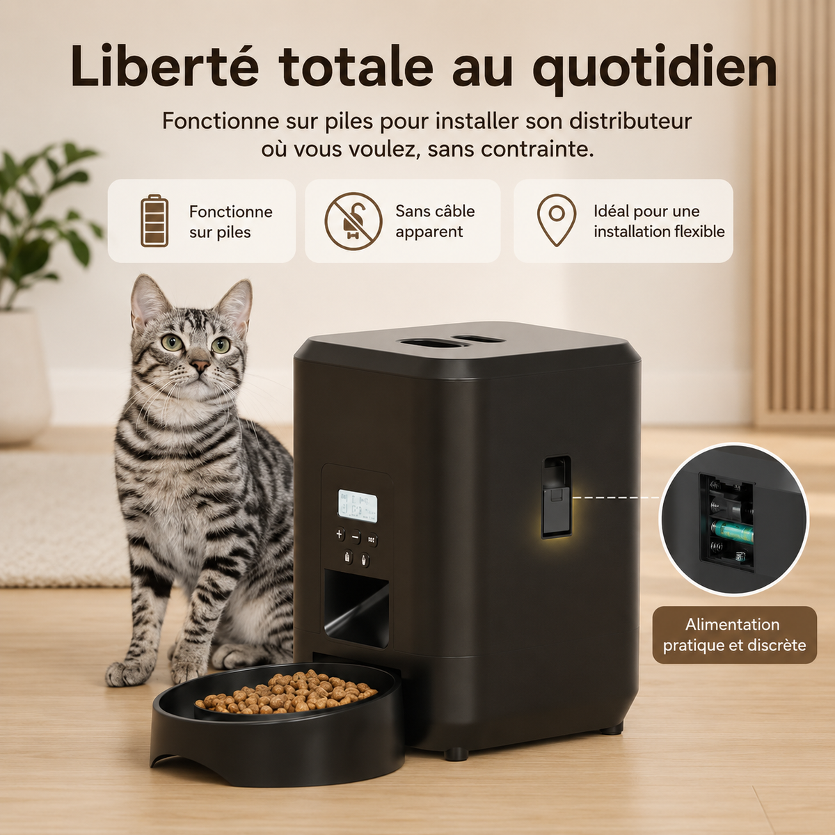 Chat qui mange devant le mini distributeur automatique Poiluxe