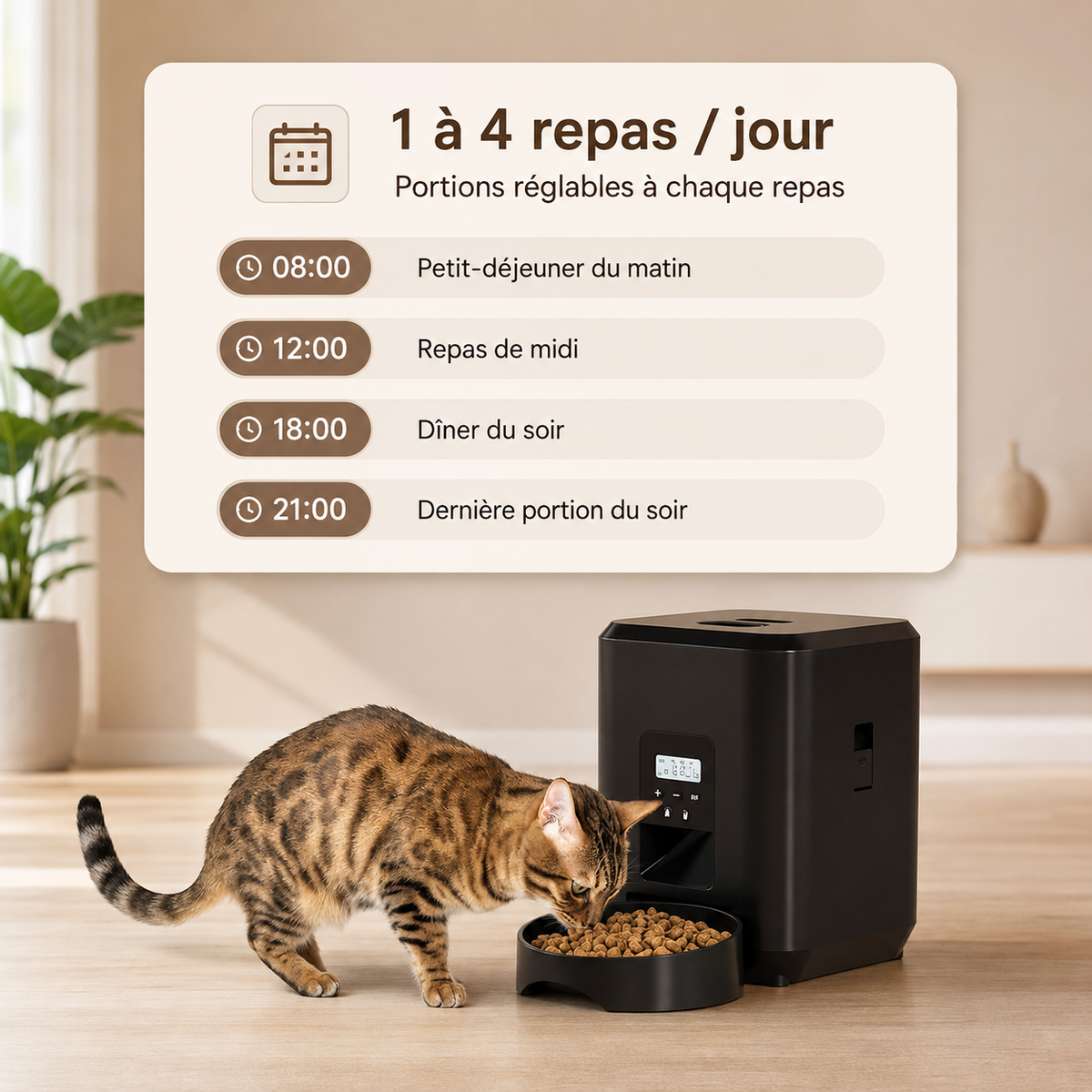 Distributeur croquettes chat compact dans un petit espace intérieur