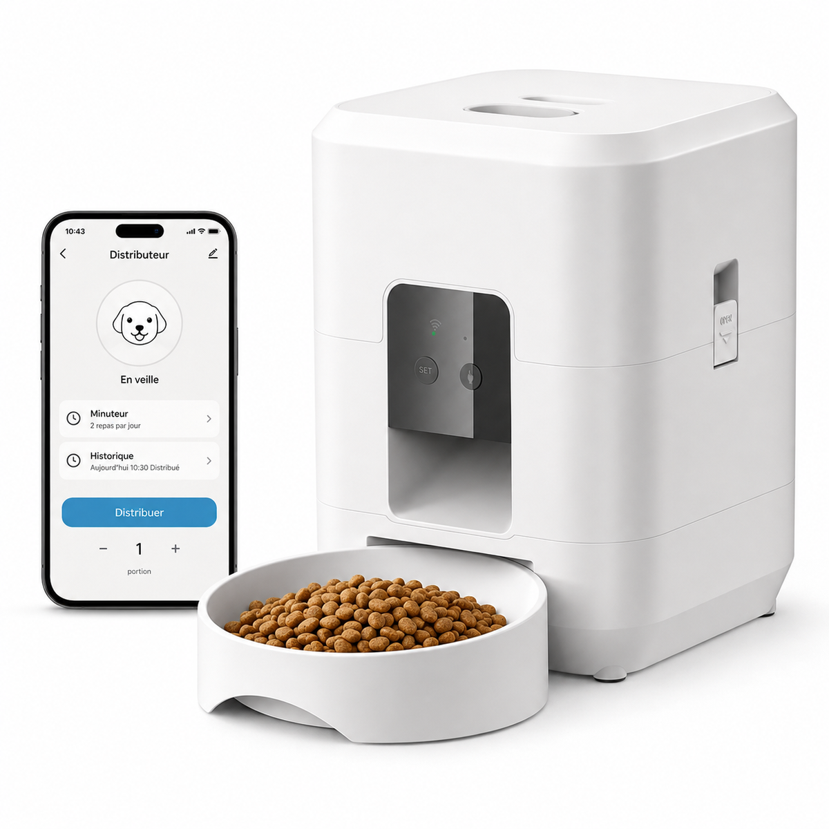 Mini distributeur automatique croquettes chat blanc