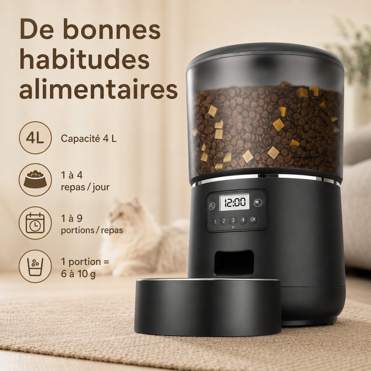 Chat qui mange devant le distributeur automatique Essentiel Poiluxe