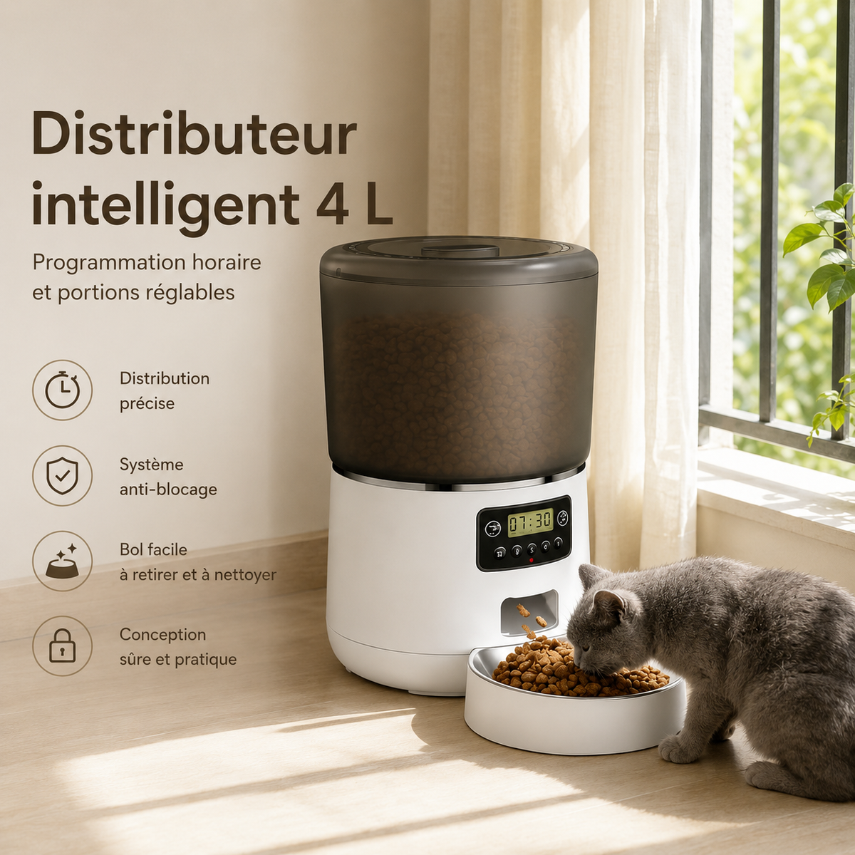 Distributeur automatique croquettes chat noir intérieur moderne