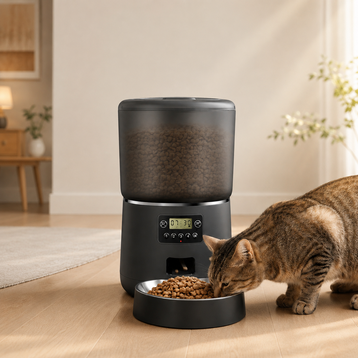 Distributeur croquettes chat vue d'ensemble acier et plastique