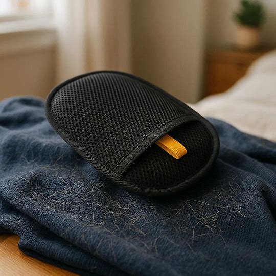 Femme utilisant gant anti-poils réutilisable sur chien à la maison