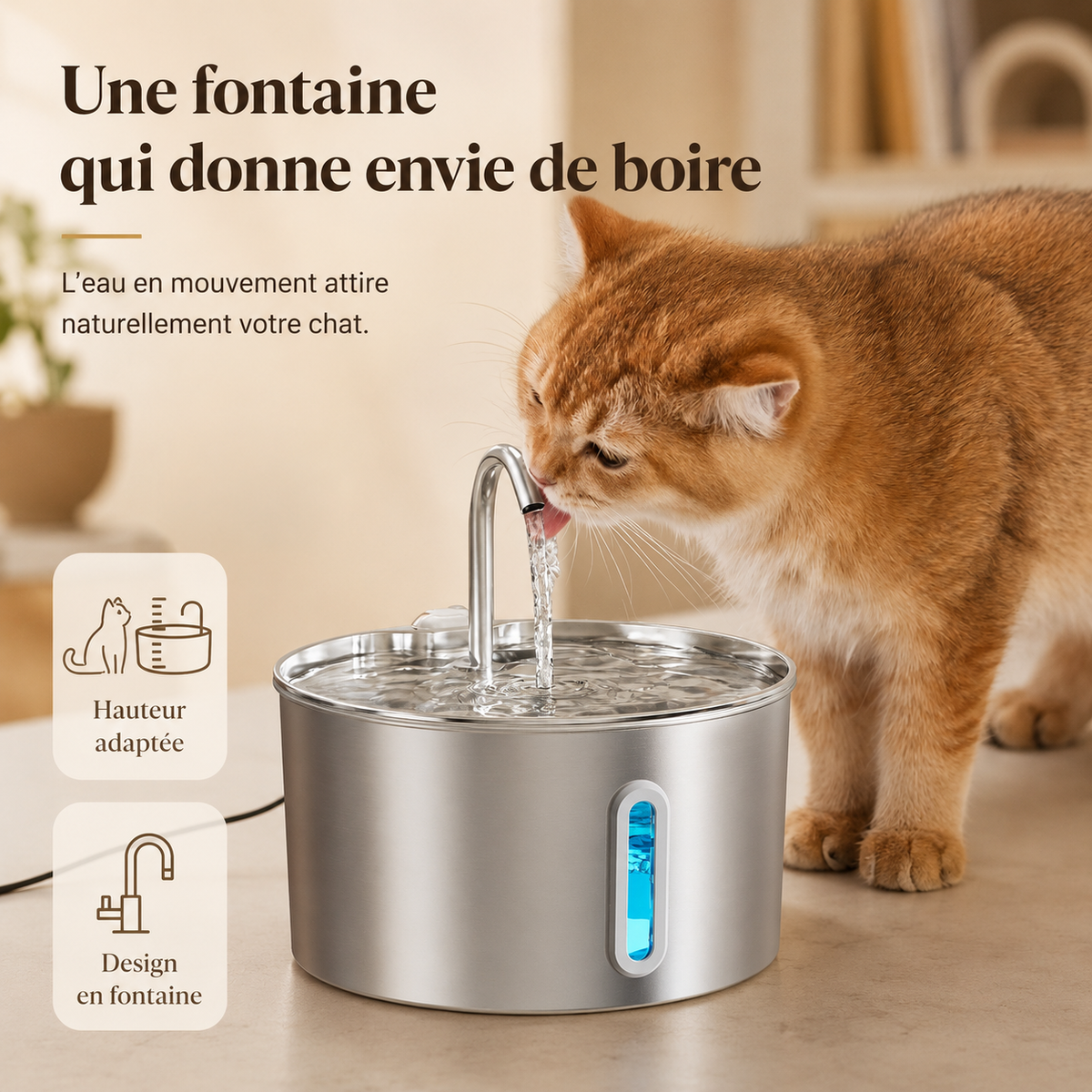 Fontaine à eau chat acier inoxydable intérieur moderne