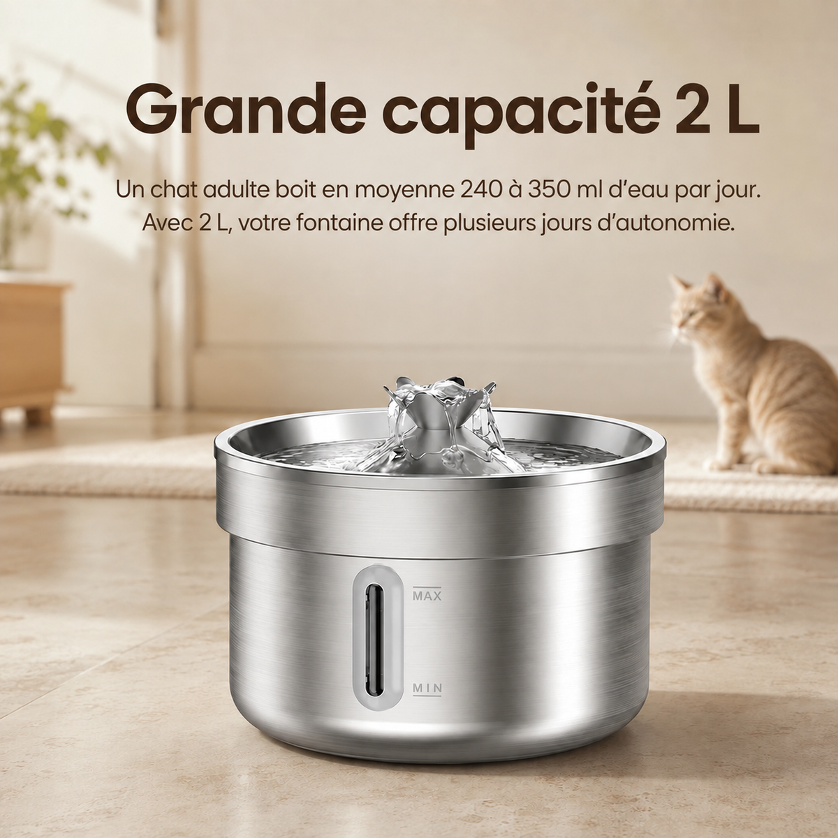 Fontaine à Eau Design pour Chat - Cascade Centrale, Acier Inoxydable | Poiluxe™