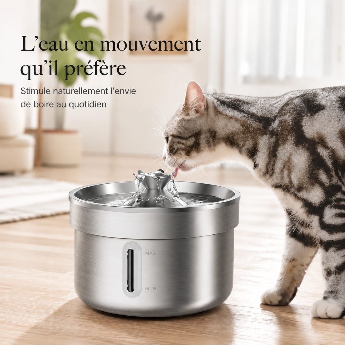 Fontaine à Eau Design pour Chat - Cascade Centrale, Acier Inoxydable | Poiluxe™
