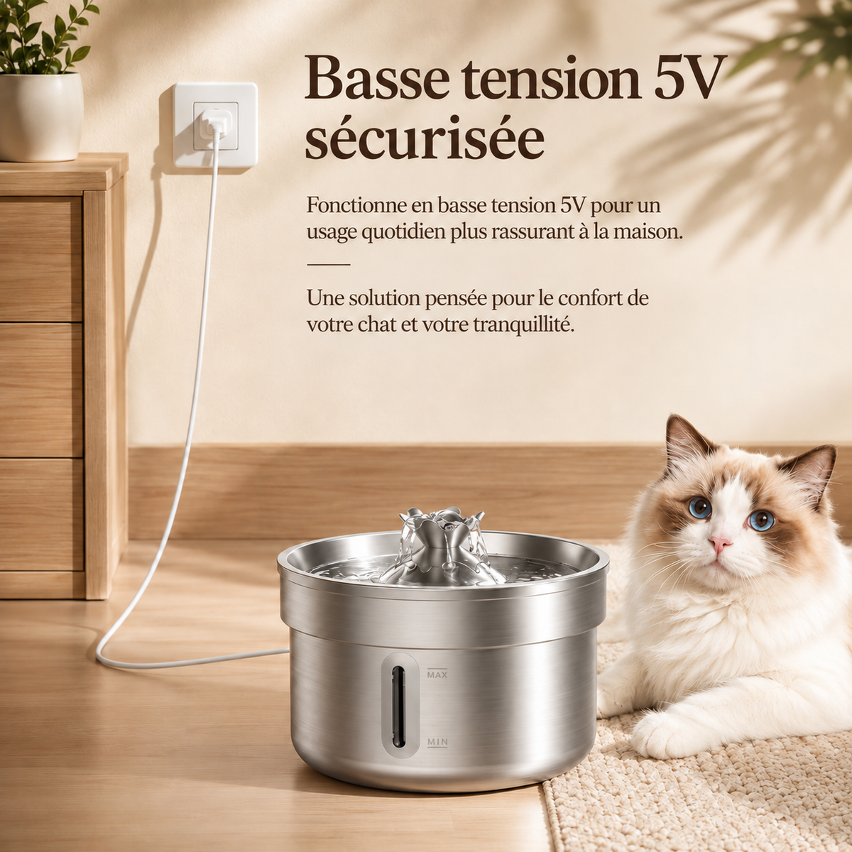 Fontaine à Eau Design pour Chat - Cascade Centrale, Acier Inoxydable | Poiluxe™