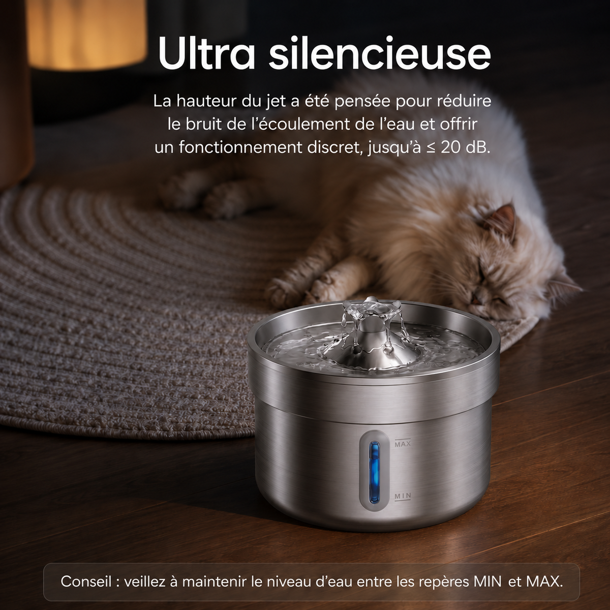 Fontaine à Eau Design pour Chat - Cascade Centrale, Acier Inoxydable | Poiluxe™