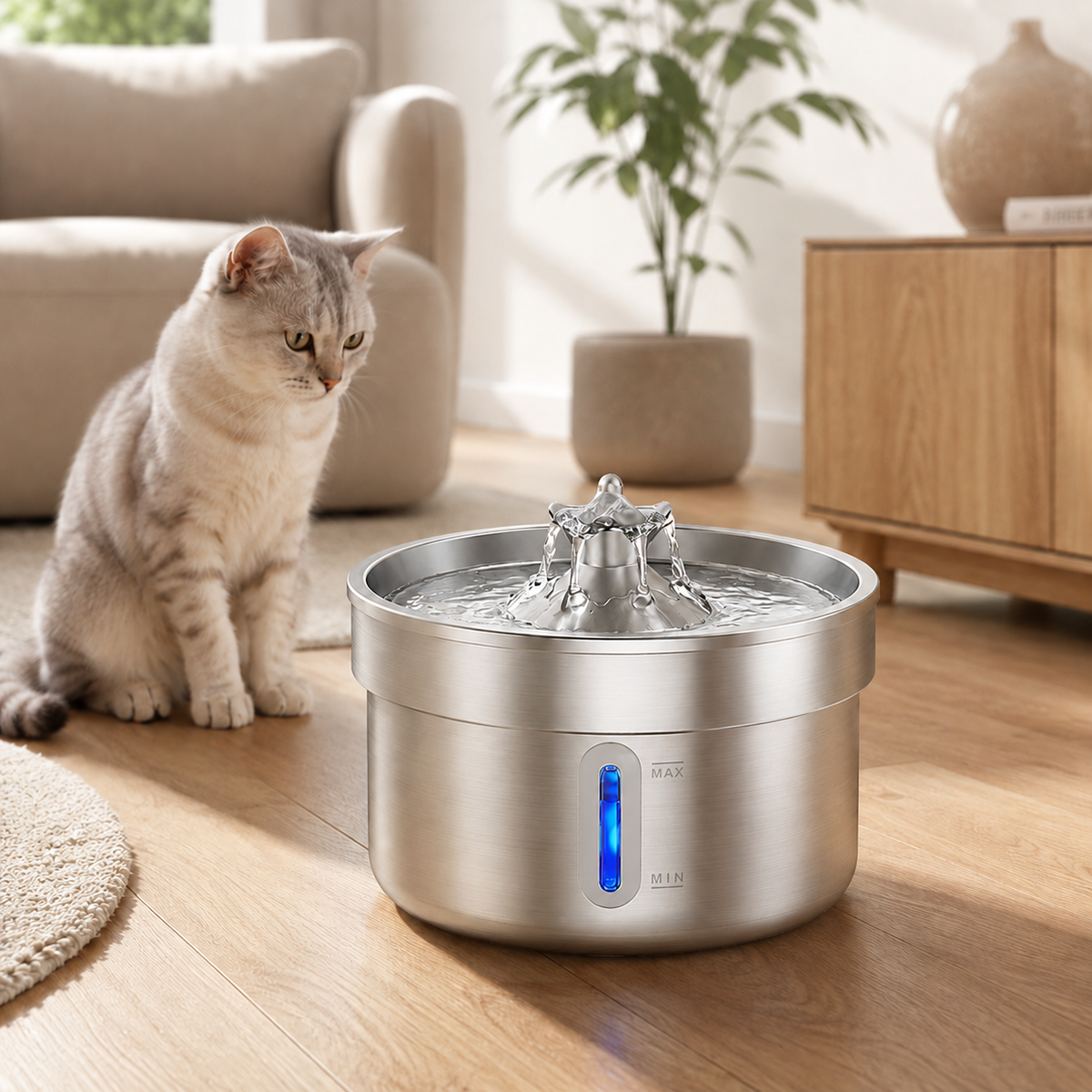 Fontaine à Eau Design pour Chat - Cascade Centrale, Acier Inoxydable | Poiluxe™
