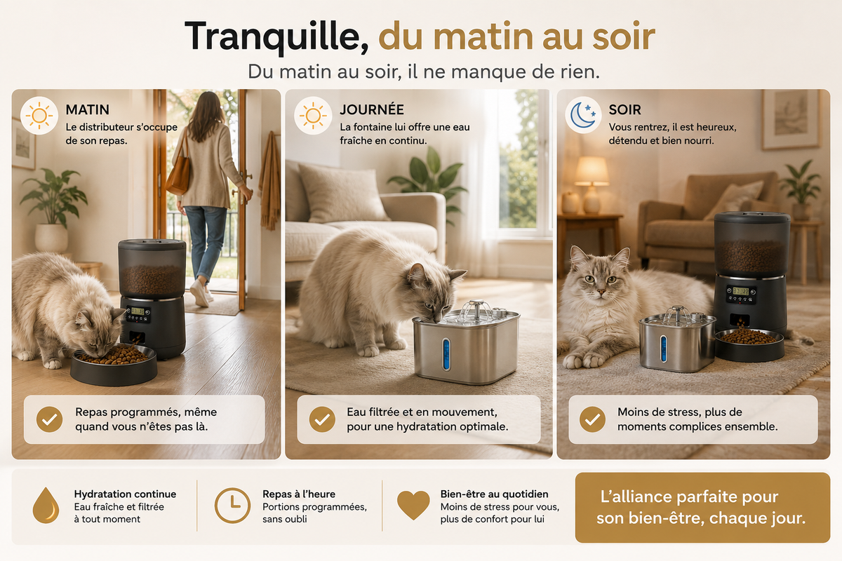 Fontaine à eau capteur de mouvement et distributeur automatique chat