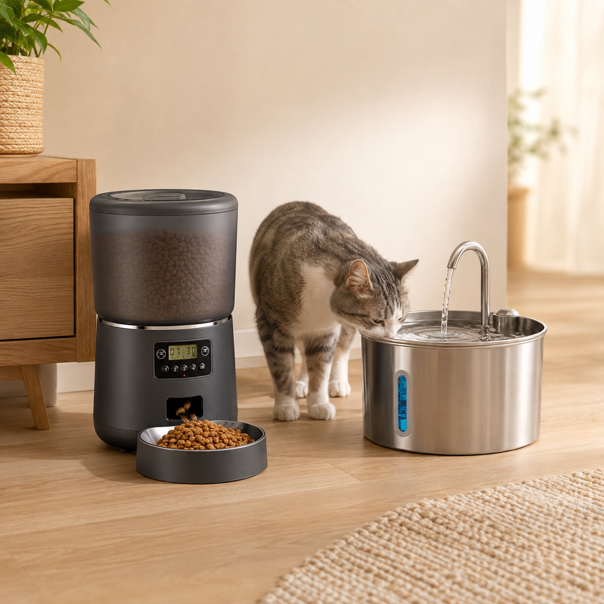 Fontaine à eau et distributeur automatique chat coin repas complet