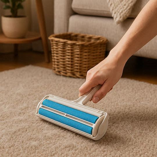 Rouleau anti poils autonettoyant Poiluxe enlevant poils sur tapis de salon beige