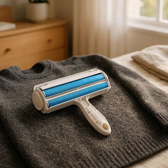 Rouleau anti poils réutilisable autonettoyant un vêtement avec poils de chien doré